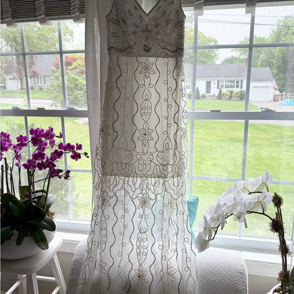 Sue Wong White and Silver Maxi Dress. New with Tags